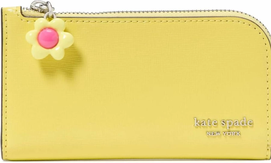 Kate Spade New York Devin Saffiano Leather Wallet for Women - Slim Bifold Design with Flower Zipper Pull, Yuzu Jam Color