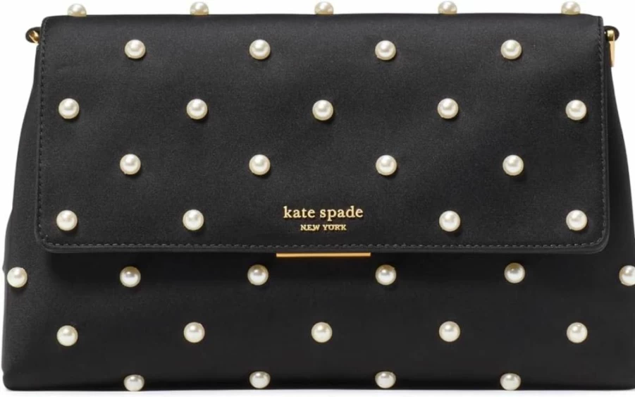 Kate Spade New York Black Grace Pearl Embellished Satin Evening Clutch Bag for Women