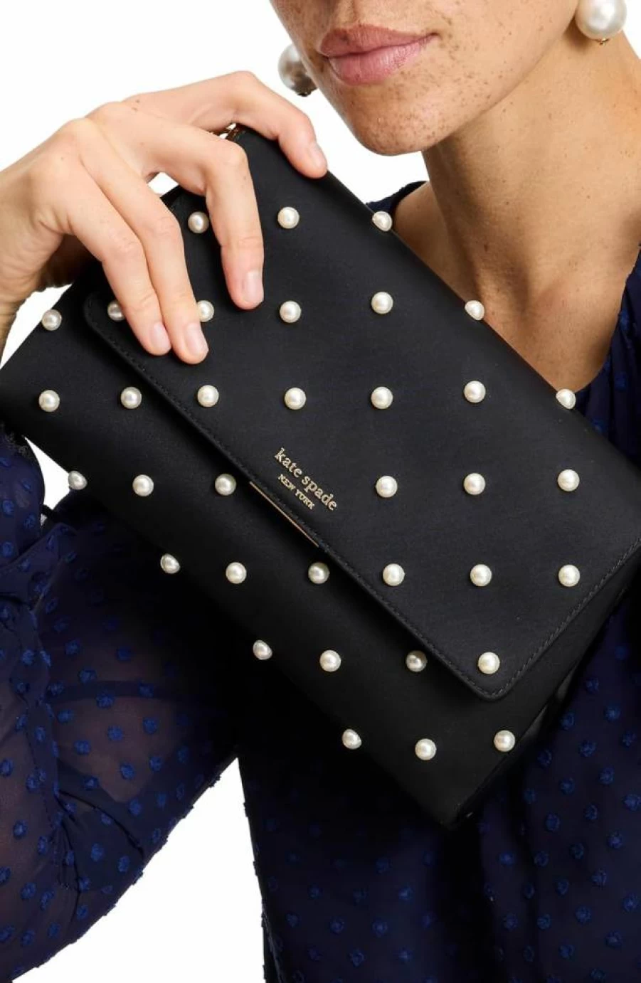 Kate Spade New York Black Grace Pearl Embellished Satin Evening Clutch Bag for Women