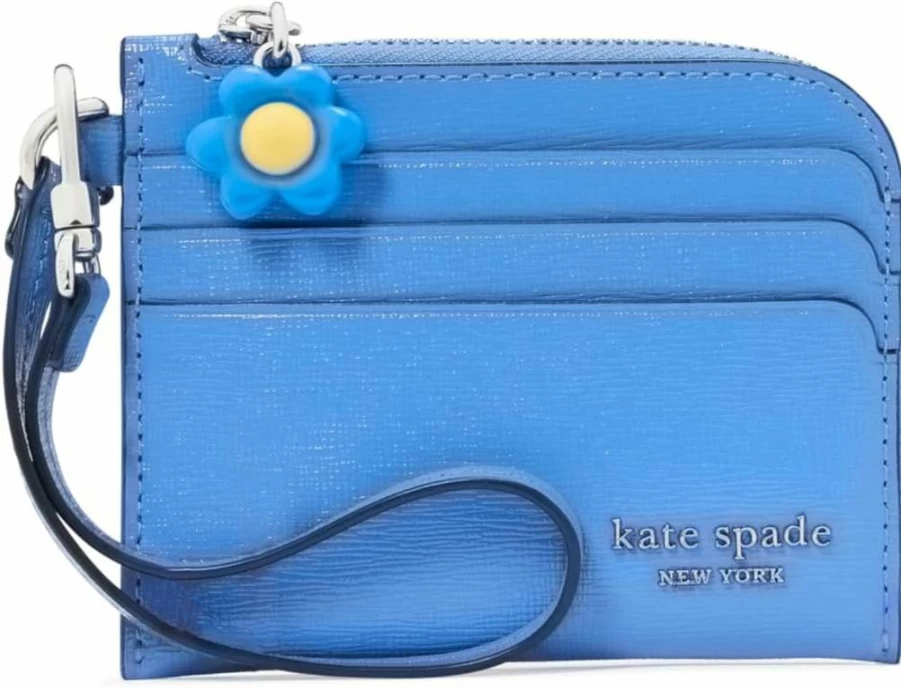 Kate Spade New York Devin Saffiano Leather Wristlet Card Holder with Flower Zipper Pull, Sailing Blue