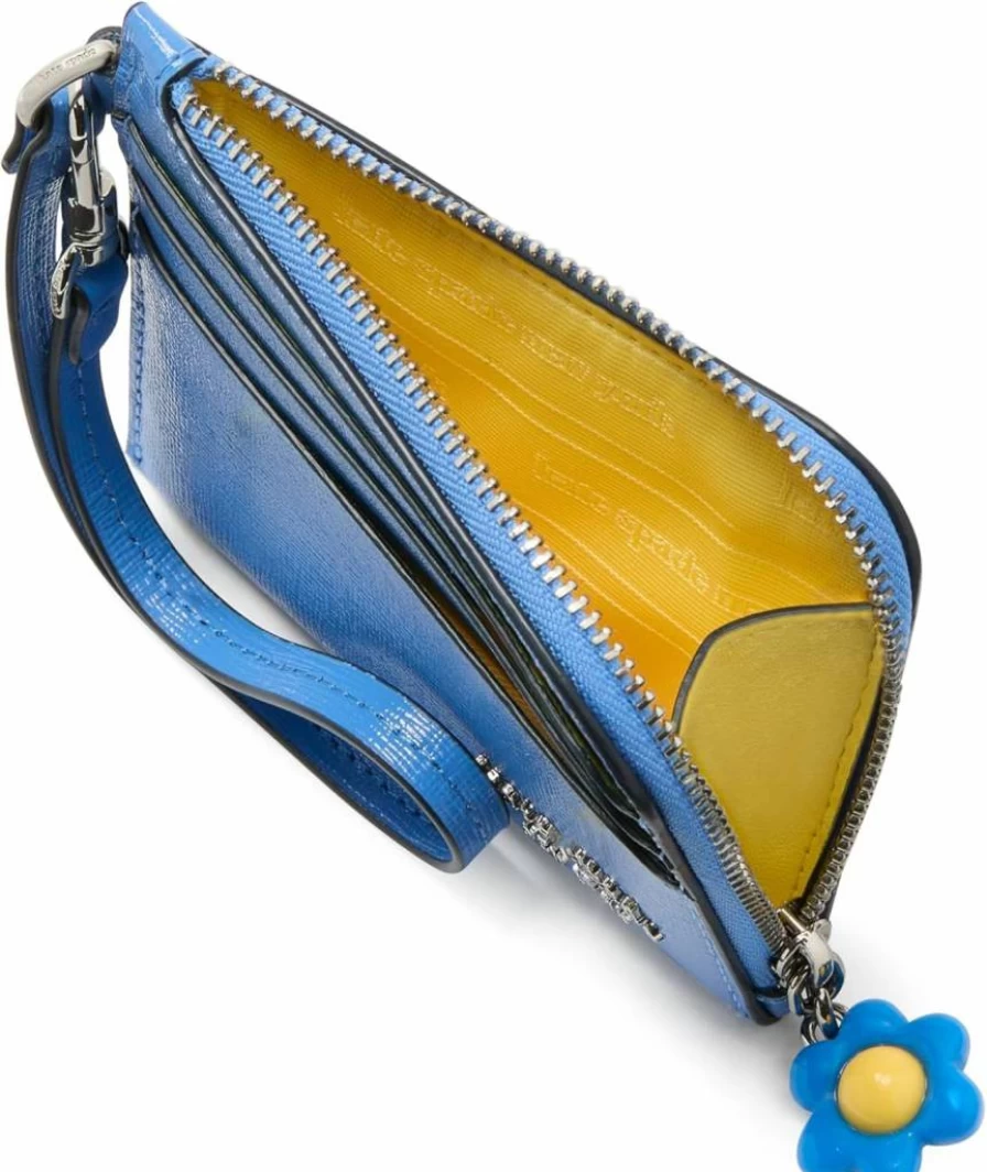 Kate Spade New York Devin Saffiano Leather Wristlet Card Holder with Flower Zipper Pull, Sailing Blue