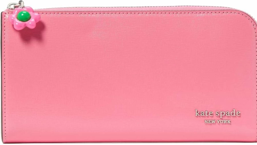 Kate Spade New York Devin Saffiano Leather Continental Wallet with Flower Zipper Pull, Ruby Citrus Color, Women's Zip Around Wallet