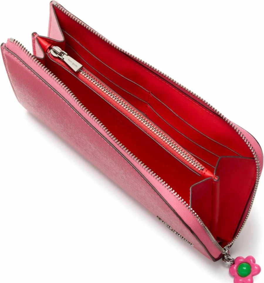 Kate Spade New York Devin Saffiano Leather Continental Wallet with Flower Zipper Pull, Ruby Citrus Color, Women's Zip Around Wallet