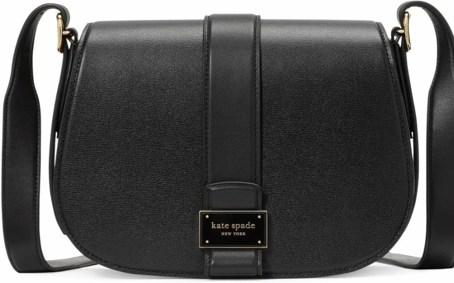 Kate Spade New York Medium Nouveau Leather Saddle Bag for Women - Textured Black Handbag, Crossbody Purse