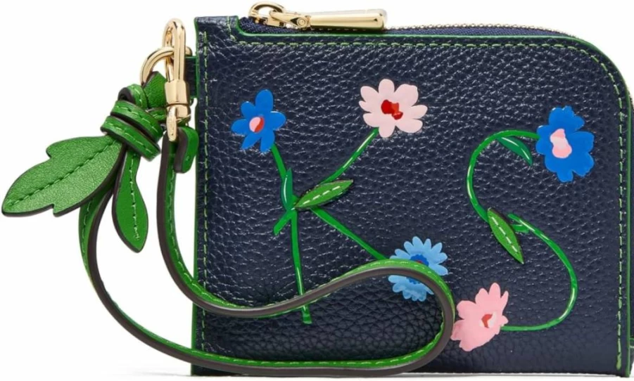Kate Spade New York Parisian Navy Leather Wristlet Card Holder with Floral Embossed Design