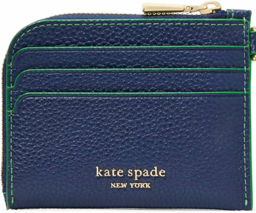Kate Spade New York Parisian Navy Leather Wristlet Card Holder with Floral Embossed Design