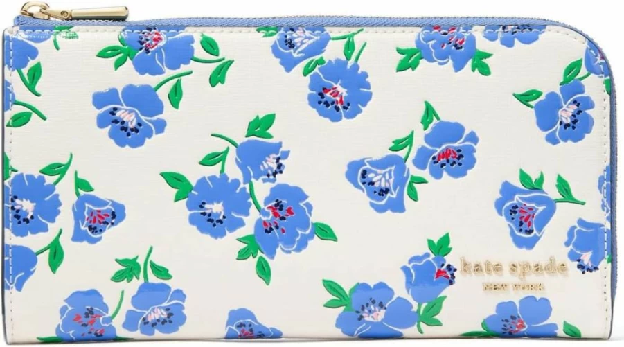 Kate Spade New York Devin Saffiano Leather Zip Around Continental Wallet in Cream Multi with Springtime Blooms Embossed Design