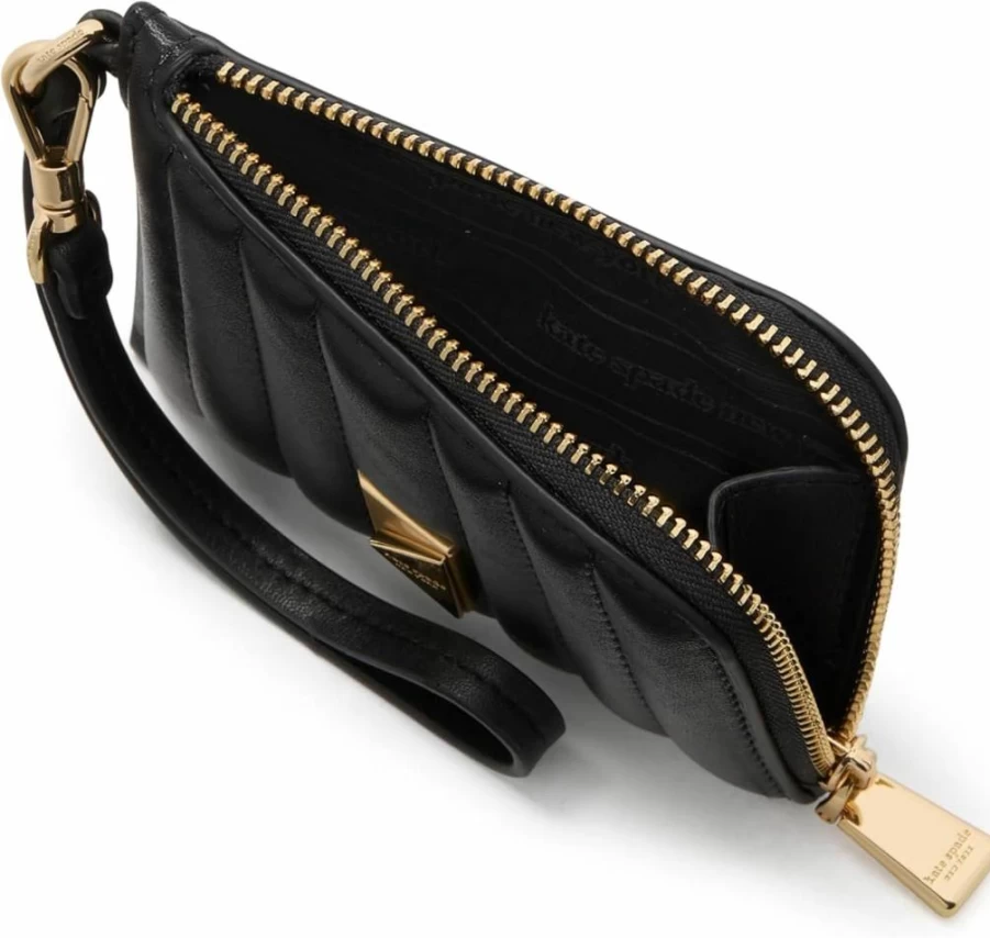 Kate Spade New York Black Leather Deco Quilted Wristlet Card Holder Coin Purse