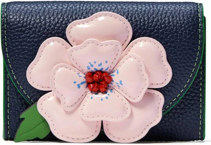 Kate Spade New York Floral Applique Leather Card Holder Wallet in Parisian Navy Multi Color