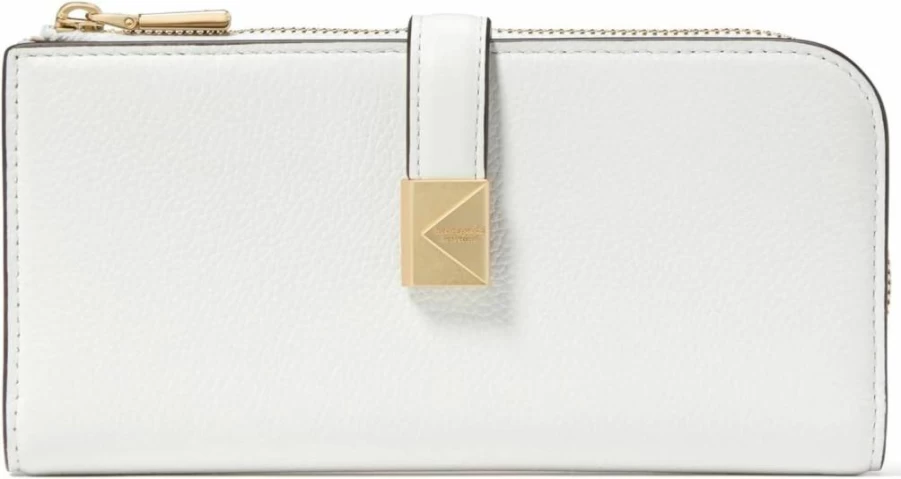 Kate Spade New York True White Leather Slim Wallet with Zip Closure – Stylish Deco Pebbled Design