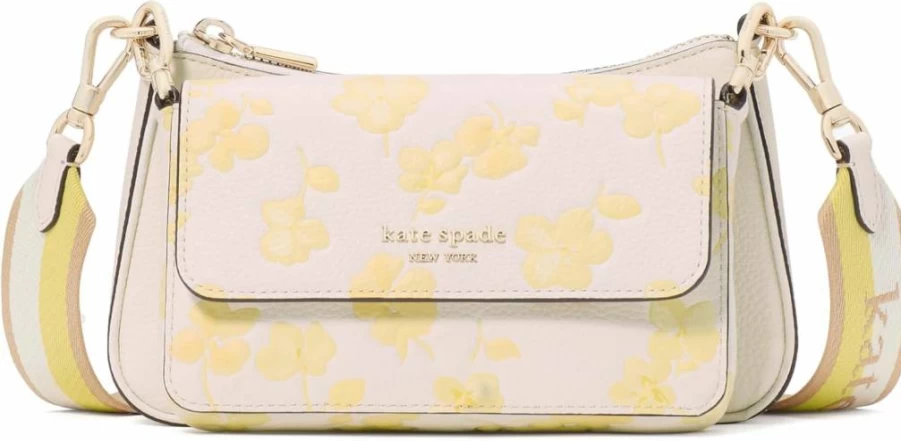 Kate Spade New York Double Up Crossbody Bag - Spring Pansies Embossed Leather in Yuzu Jam Multi Color