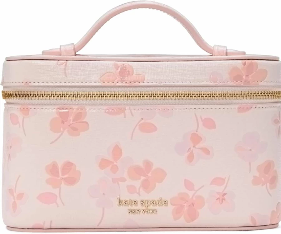 Kate Spade New York Devin Leather Vanity Case - Blush Cloud Multi Spring Pansies Embossed Saffiano Cosmetic Bag