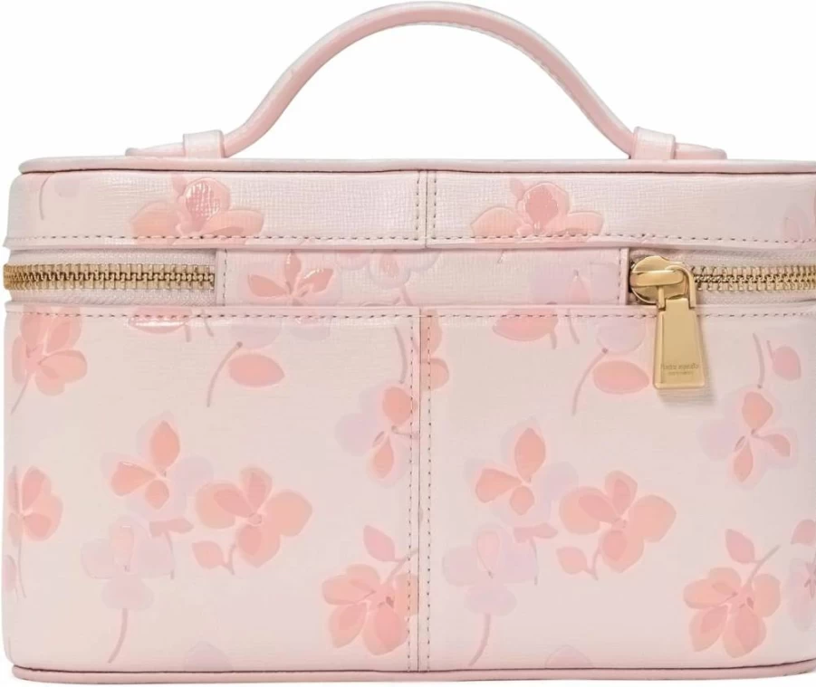 Kate Spade New York Devin Leather Vanity Case - Blush Cloud Multi Spring Pansies Embossed Saffiano Cosmetic Bag