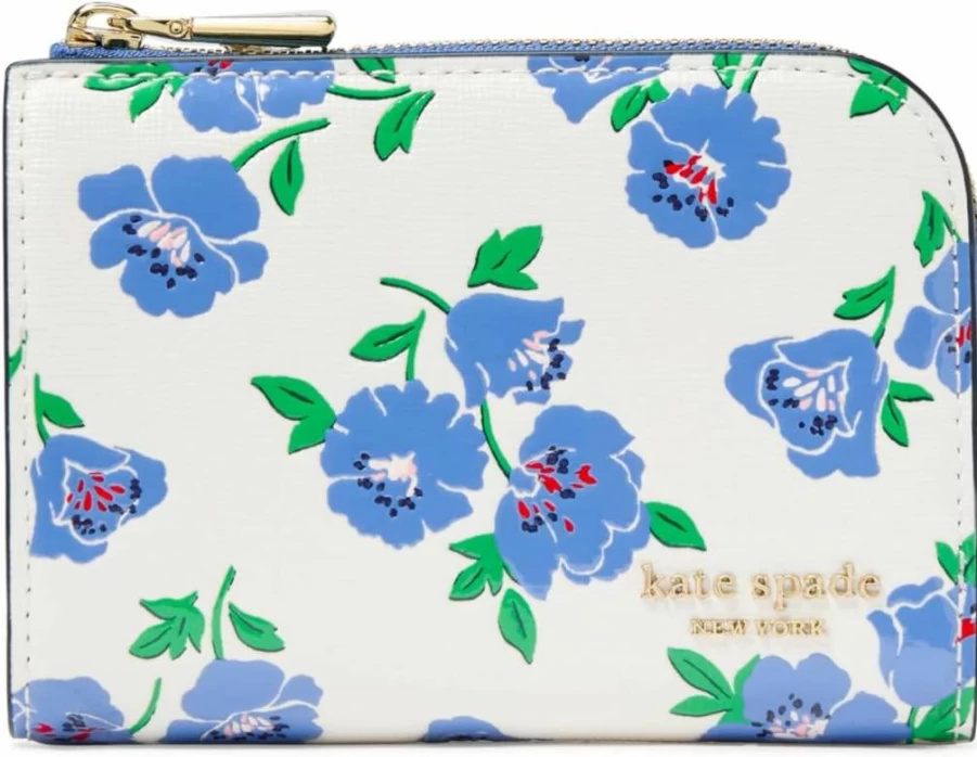 Kate Spade New York Devin Small Leather Wallet, Spring Floral Embossed Design, Cream Multi, Compact Women's Card Holder