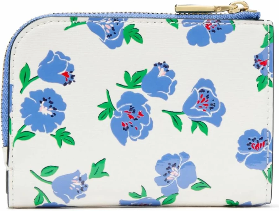 Kate Spade New York Devin Small Leather Wallet, Spring Floral Embossed Design, Cream Multi, Compact Women's Card Holder