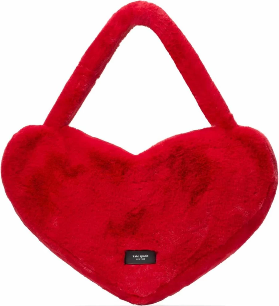 Kate Spade New York Luver Faux Fur Heart Tote Bag - Cherry Red, Women's Stylish Fuzzy Handbag, Fashionable Shoulder Purse