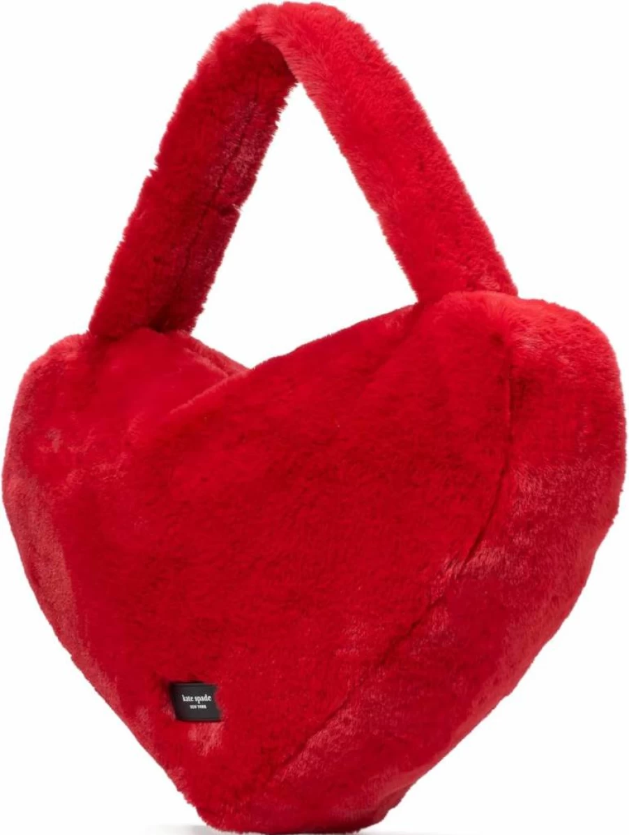 Kate Spade New York Luver Faux Fur Heart Tote Bag - Cherry Red, Women's Stylish Fuzzy Handbag, Fashionable Shoulder Purse
