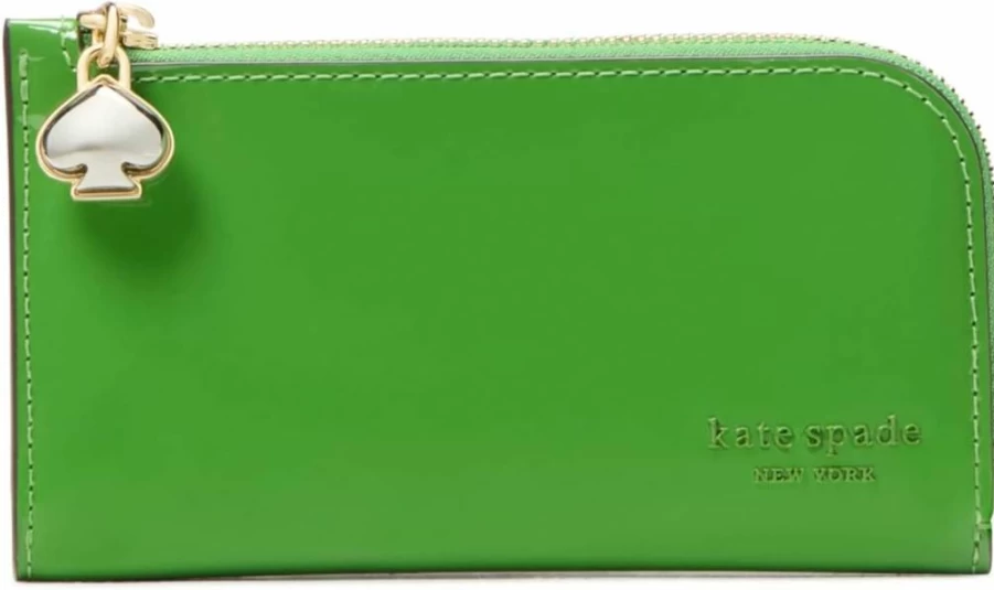 Kate Spade New York Devin Green Patent Leather Slim Bifold Wallet with Spade Zipper Puller