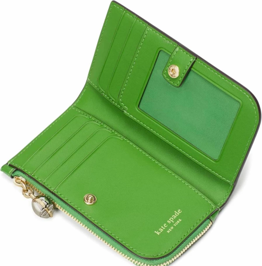 Kate Spade New York Devin Green Patent Leather Slim Bifold Wallet with Spade Zipper Puller