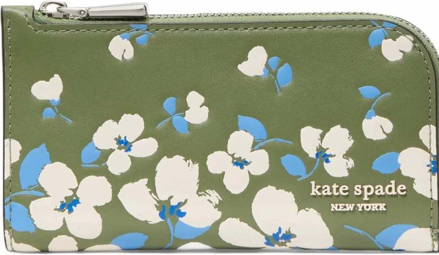 Kate Spade New York Devin Slim Bifold Wallet for Women, Embossed Floral Leather Cedar Stand Multi, Small Card Holder RFID