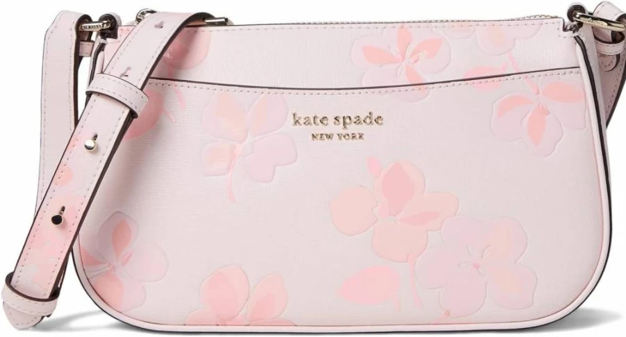 Kate Spade New York Bleecker Small Crossbody Bag in Blush Cloud Multi, Embossed Saffiano Leather with Spring Pansies Design