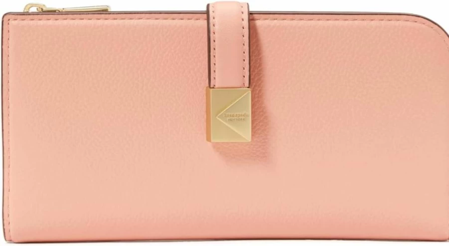 Kate Spade New York Deco Pebbled Leather Slim Zip Wallet for Women, Apricot Cream, Compact Card Holder, RFID Protection