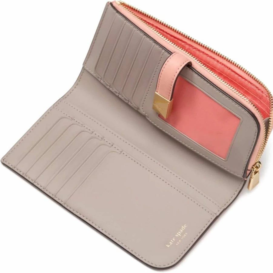 Kate Spade New York Deco Pebbled Leather Slim Zip Wallet for Women, Apricot Cream, Compact Card Holder, RFID Protection