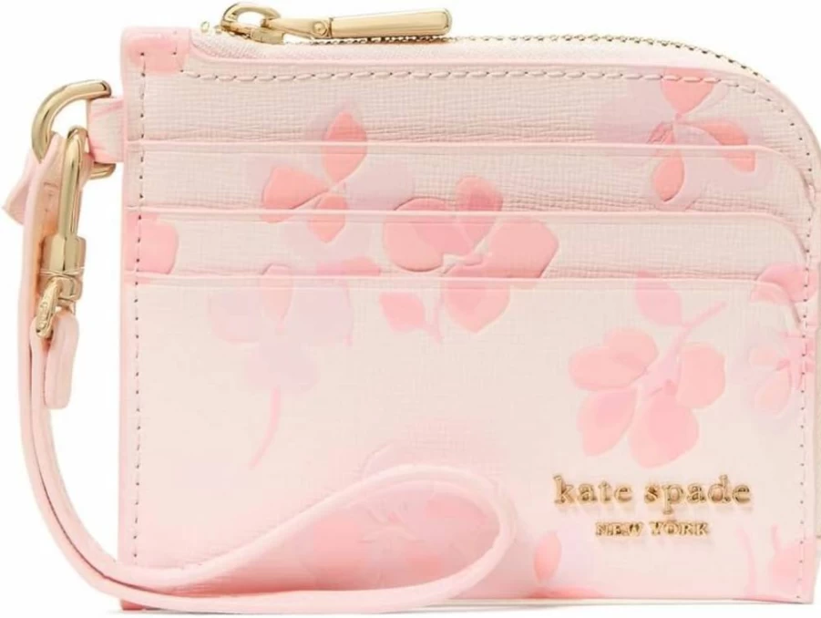 Kate Spade New York Devin Leather Wristlet Card Holder - Blush Multi Floral Embossed Saffiano Coin Purse