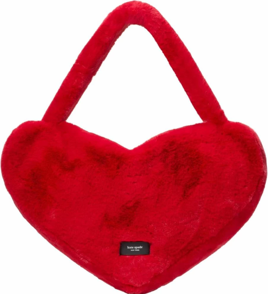 Kate Spade New York Luver Faux Fur Heart Tote Bag - Cherry Red, Women's Fashion Handbag, Stylish Furry Crossbody Purse