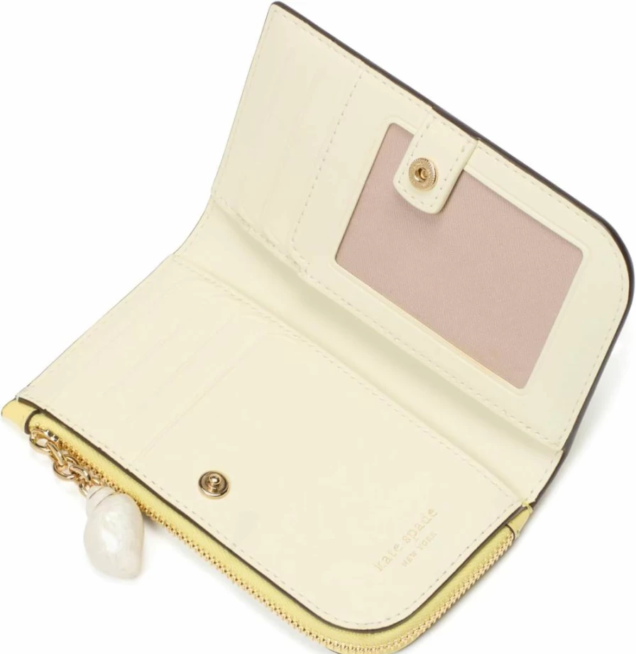 Kate Spade New York Devin Small Slim Bifold Wallet in Patent Leather with Shell Zipper Puller, Yuzu Jam Color