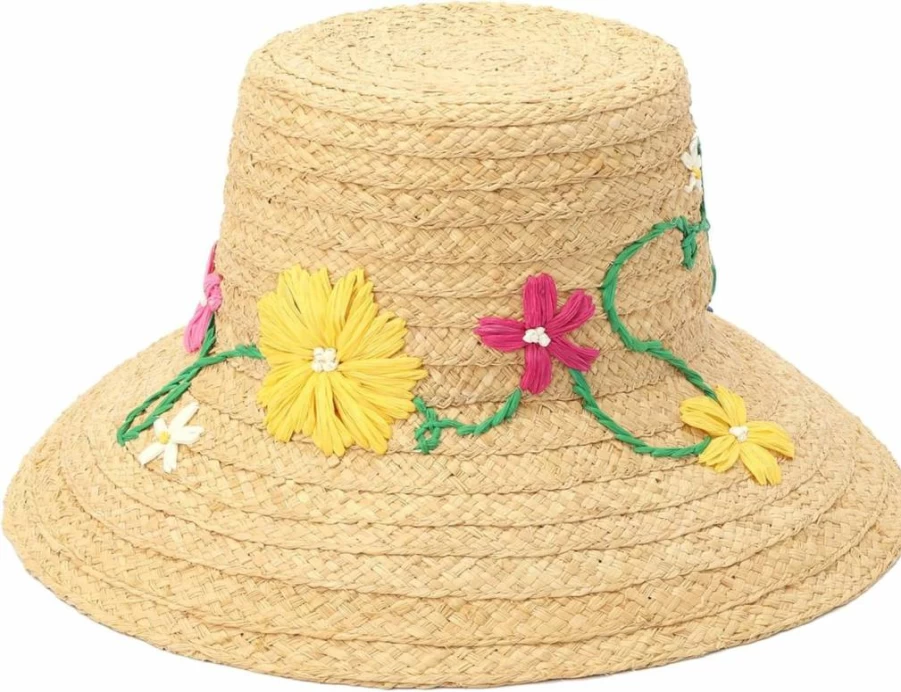 Kate Spade New York Women's Raffia Sun Hat with Floral Embroidery, Summer Beach Hat, Fashion Accessory for Women