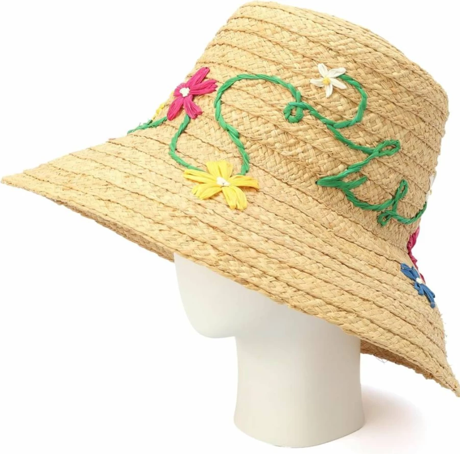 Kate Spade New York Women's Raffia Sun Hat with Floral Embroidery, Summer Beach Hat, Fashion Accessory for Women