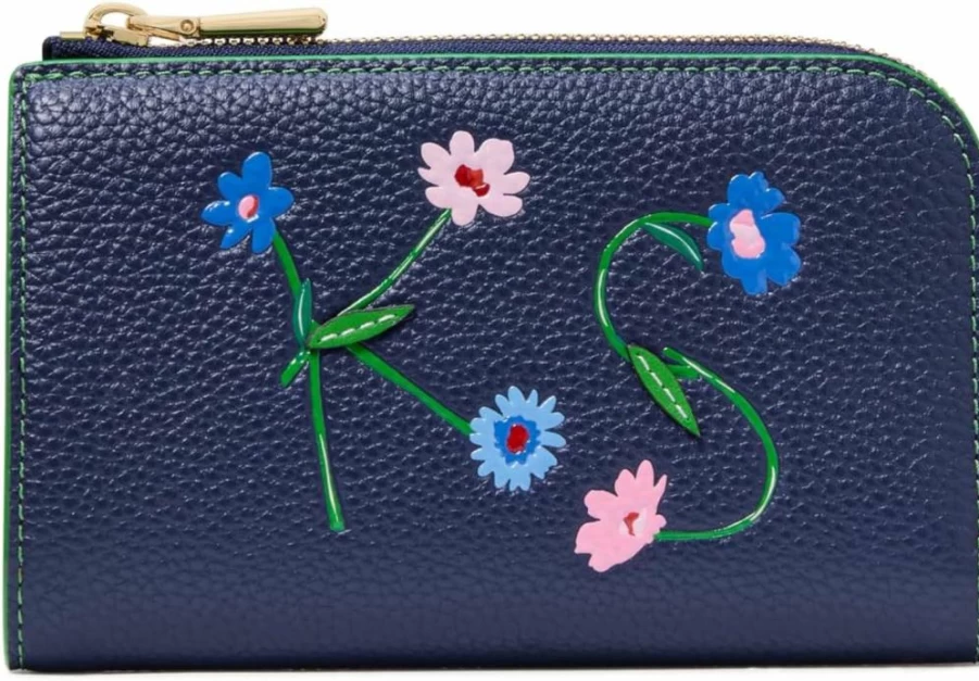 Kate Spade New York Parisian Navy Multi Leather Compact Wallet with Floral Embossed Design