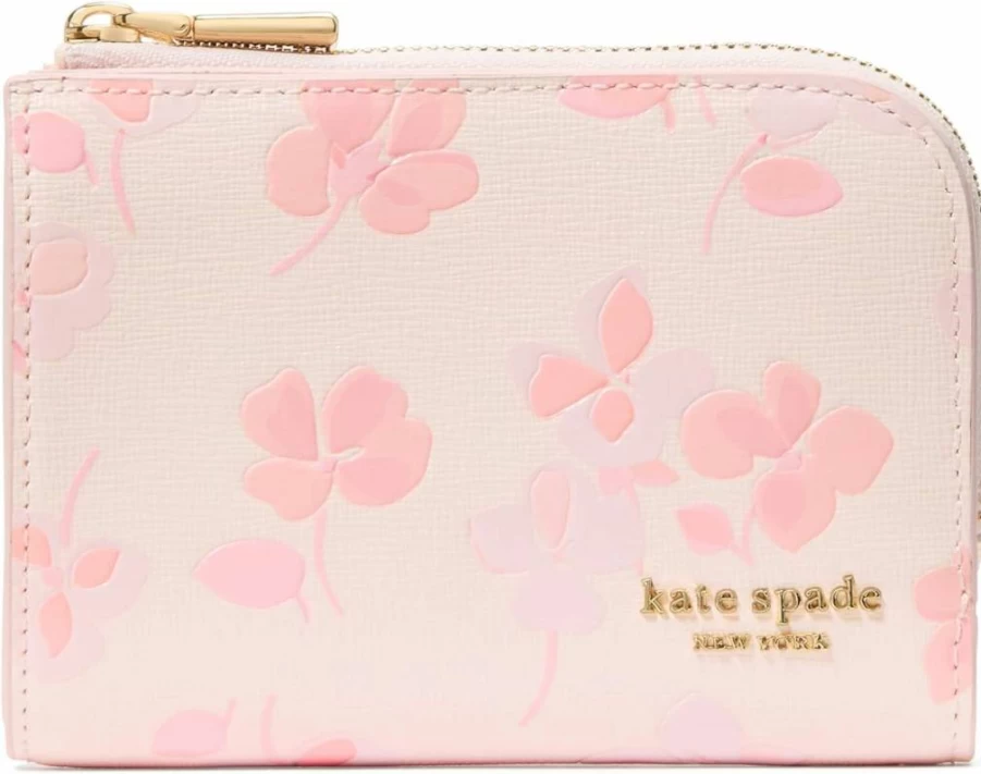 Kate Spade New York Devin Small Leather Wallet in Blush Cloud Multi, Spring Pansies Embossed Saffiano Compact Design