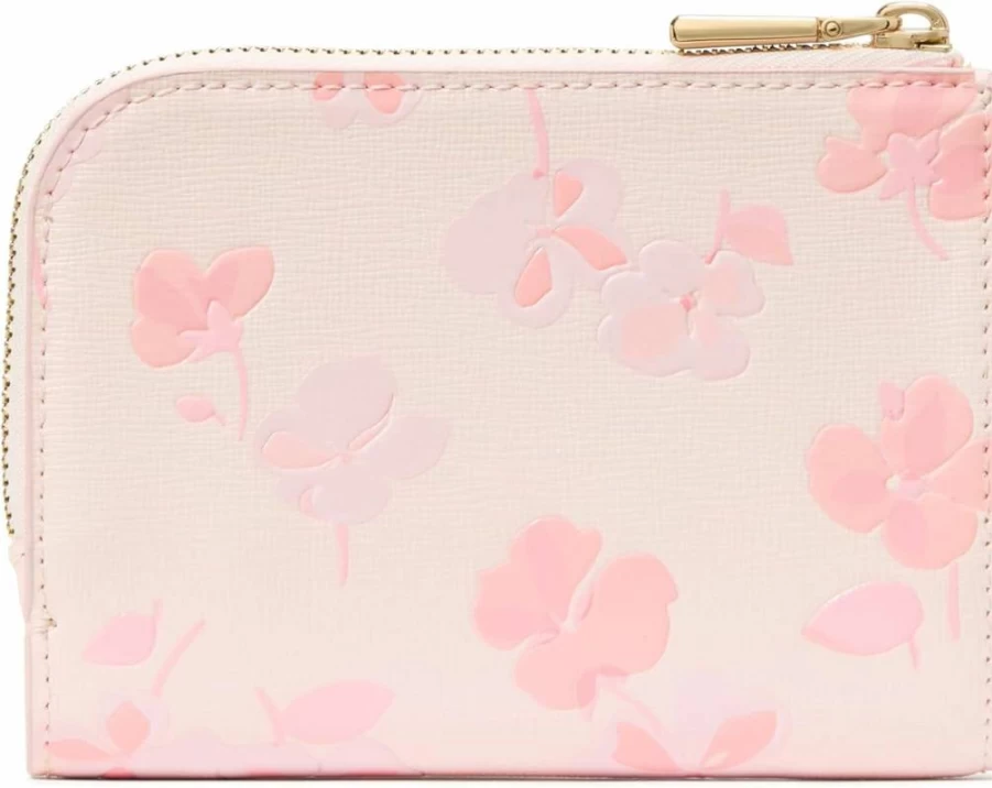 Kate Spade New York Devin Small Leather Wallet in Blush Cloud Multi, Spring Pansies Embossed Saffiano Compact Design