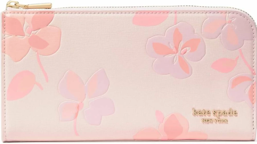 Kate Spade New York Devin Leather Zip Around Continental Wallet in Blush Cloud Multi, Embellished with Pansy Embossing