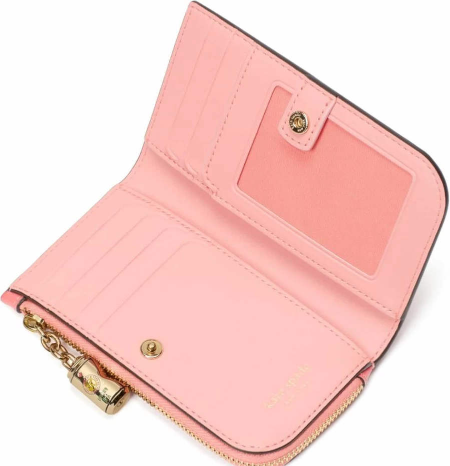 Kate Spade New York Devin Small Slim Bifold Wallet in Pink Moon, Patent Leather with Beer Can Zipper Puller